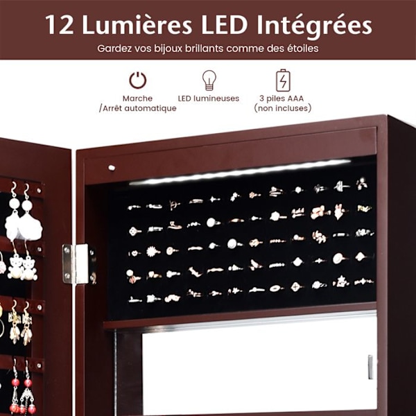COSTWAY 120 CM smykkeskab med spejl og LED-lys, væg-/dørdesign, låsbar dør med 2 nøgler, brun kastanj