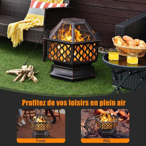 COSTWAY Hexagonal Garden Fire Pit 66 cm Stål med Mesh Låg og Poker Brandsikker Grill Opvarmning Veranda Terrasse Sort