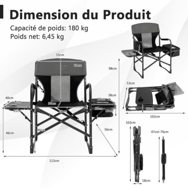 COSTWAY hopfällbar campingstol med litet bord, ispåse med mugghållare, 113 x 56 x 98 CM, last 180 kg, svart
