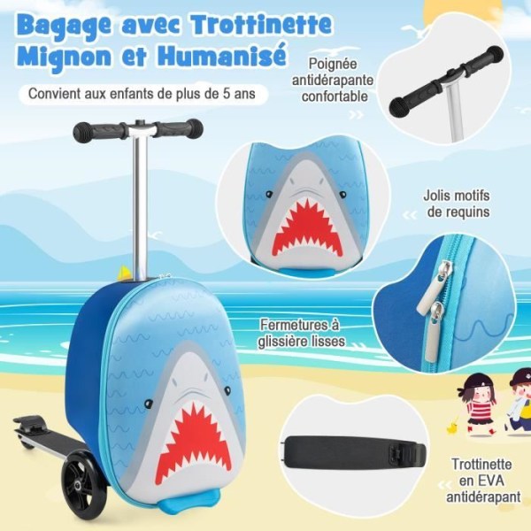COSTWAY 2 i 1 barnskoter med 3 LED-hjul, 19” hopfällbar barnväska, säkerhetsbromsar, 26 L, 5 år+, Shark