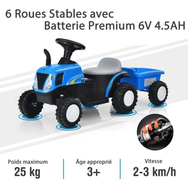 COSTWAY Elektrisk Traktor 6V med Trailer til Børn 3+ År, 2-3 km/h, med Lyd- og Lys Effekter, 106 x 42 x 49 cm, Blå blått och svart