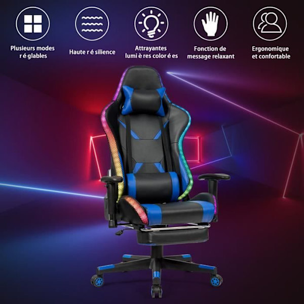 COSTWAY RGB Gaming Stol, Gamer Lænestol LED Belysning 358 PU Effekter med Ryglæn, Højde og Justerbar Fodstøtte Blå Blå