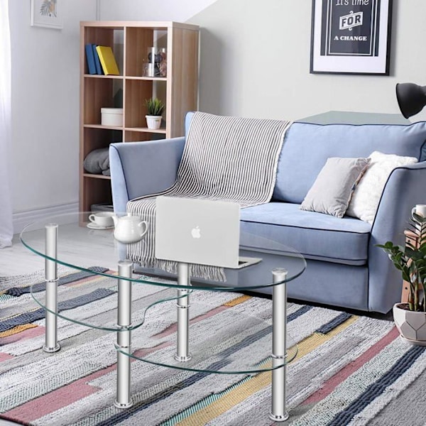 COSTWAY Ovalt Sofabord i Tempereret Glas med 3 Niveauer, 89 x 51 x 45 CM, Moderne Stuebord med Metalben, Transparent Transparent