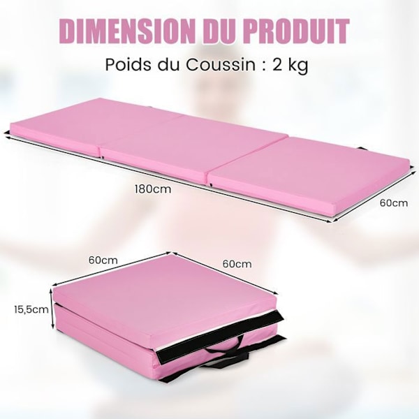 COSTWAY kokoontaittuva kuntosalimatto-180 x 60 x 5 cm-3 kerros kahva-koukku- ja silmukkakiinnikkeillä-vedenpitävä PU EPE täyte-vaaleanpunainen Rosa