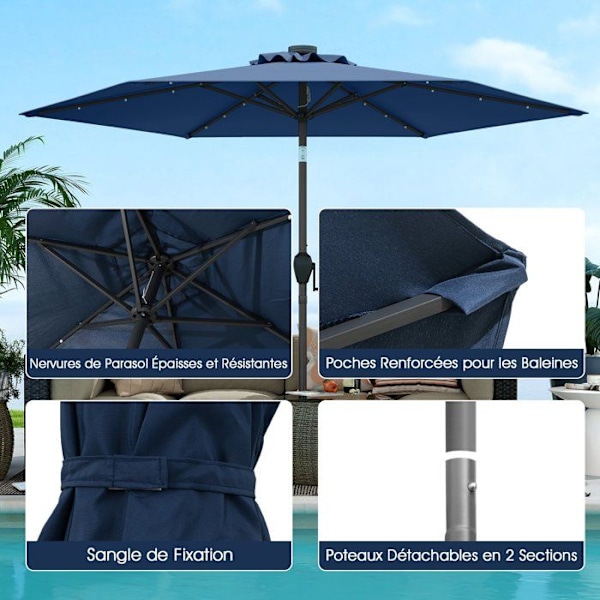 Solparasol 230 cm - 18 LED-lampor - COSTWAY - Lutning med tryckknapp och vev - Ventilerad blå duk Blå