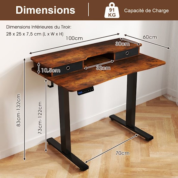 Bureau Assis-Debout Elektrisk 100x60cm -COSTWAY-2 Lådor-Skärmstöd - Justerbar i 3 Höjder Hängkrokar Brun