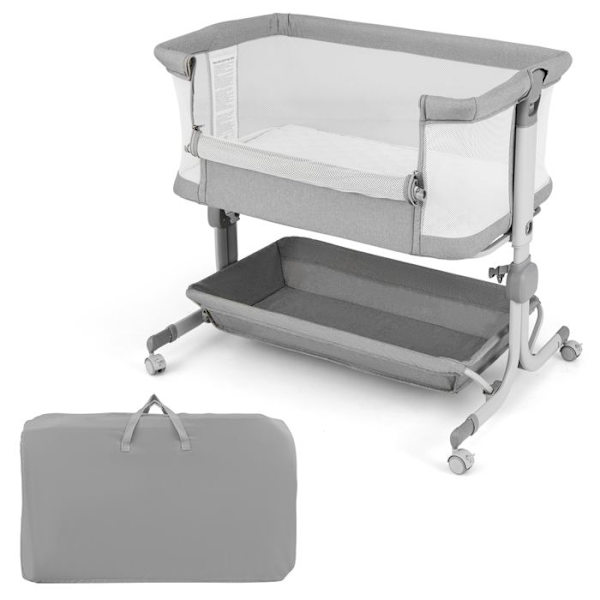 Samsovande babysäng med 2,5 cm madrass COSTWAY-Från födseln-9kg-6 höjder-4 hjul-hopfällbar bärbar-Förvaringshylla-Ljusgrå