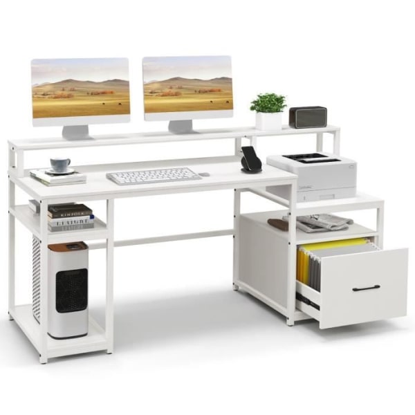 COSTWAY alt i ét computerbord - Understøttelse af 2 skærme, arkivskuffe, åbne opbevaringshylder, 168 x 69 x 89 cm