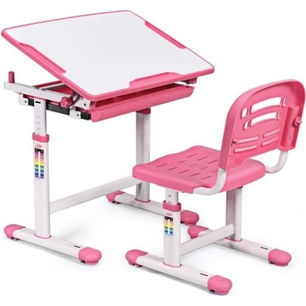 COSTWAY Ergonomiskt barnskrivbord Justerbar höjd och vinkel 0-40° Bordsset med stolar, ritbord med 1 låda Rosa