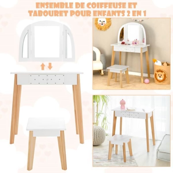 COSTWAY Sminkbord för barn - 3 avtagbara hopfällbara speglar, 1 pall och 1 låda - Princess Style för tjejer i vitt trä