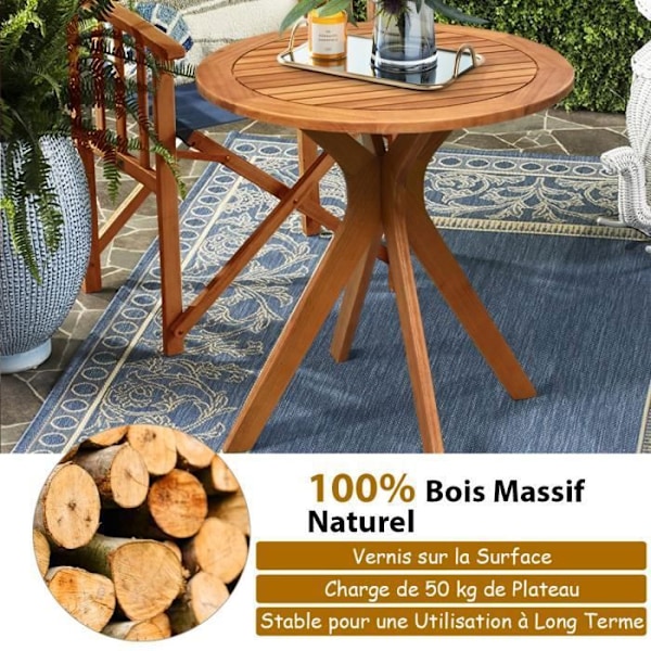 COSTWAY Eucalyptus Trädgårdssoffbord - Lamellskiva, Cross Base, Last 50KG - Runt utomhusbord i trä