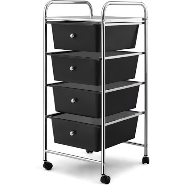 COSTWAY Säilytystorni, Pyörällinen vaunu - 4 laatikkoa - 32 x 37 x 76 CM musta metallikehys