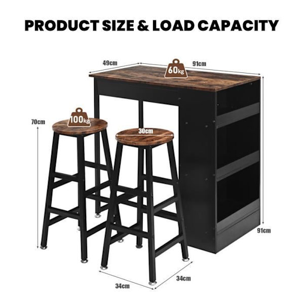 COSTWAY Høj Bar Bord Sæt med 2 Stool H70cm, 3-Niveau Sidehylde, til Køkken, Restaurant