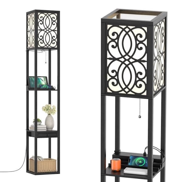 COSTWAY Vardagsrumsgolvlampa 1,6M med 2 USB-portar, 3 förvaringshyllor 1 trälåda för sovrum 60W Elegant