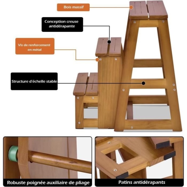 COSTWAY Step Pall, hopfällbar stegpall 57 x 38 x 65 CM Multifunktionell 3-vånings pall som trätrappa