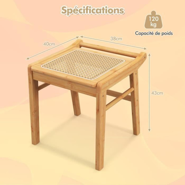 COSTWAY Bambus vanity skammel med PE rattan top og skridsikre fødder, makeup skammel til stue, soveværelse
