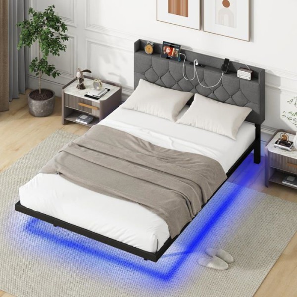 COSTWAY Flydende Sengeramme 200 x 140 cm med LED, Smart APP Control, Justerbar Sengegavl og Ladestation, Grå Grå