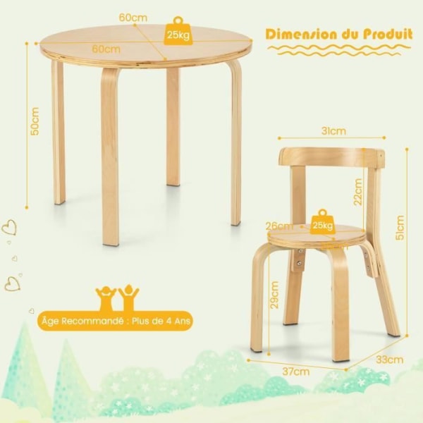 COSTWAY runt barnbord med 4 stolar - poppelträ och björkträ - skandinavisk stil, för barn 4 år +
