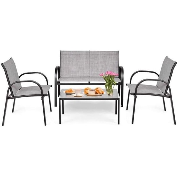 COSTWAY 4 st Textilene Trädgårdsmöbler Set - Härdat glas bord och stolar Set, 4 personer, halkskydd - Grå