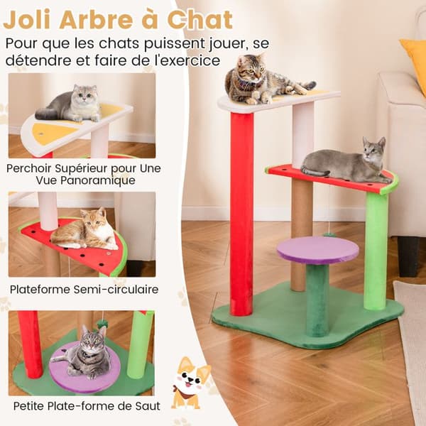 COSTWAY 69CM Multi-Level Cat Tree, Cute Cat Tower, Frugtformede platforme, Strawberry Hængebold, Kradsestolpe Multifarvet