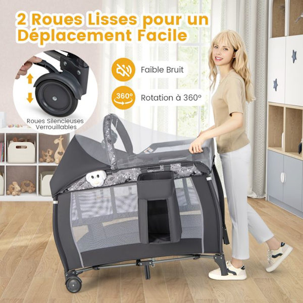 Sammenklappelig paraplyseng med madras COSTWAY 4 i 1-puslebord, baldakin og sammenfoldelig myggenet-musikboks-0-3 år 15 kg