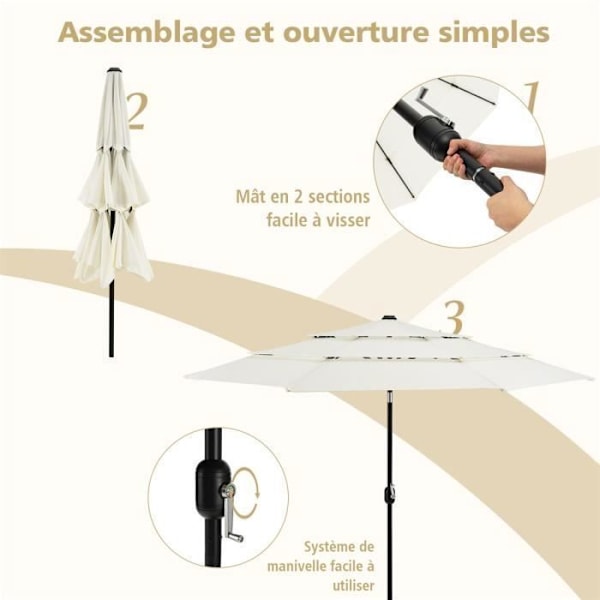 COSTWAY Skrå Parasol 3M 90°-135° i 3 Niveauer Dobbelt Ventileret Manuel Kurbadle, 8 Spidser Polyesterstof PA Belægning Beige