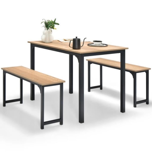 COSTWAY industriellt matbordsset, med 2 bänkar av metallram, 110 x 70 x 75 cm för hem, restaurang, beige+svart