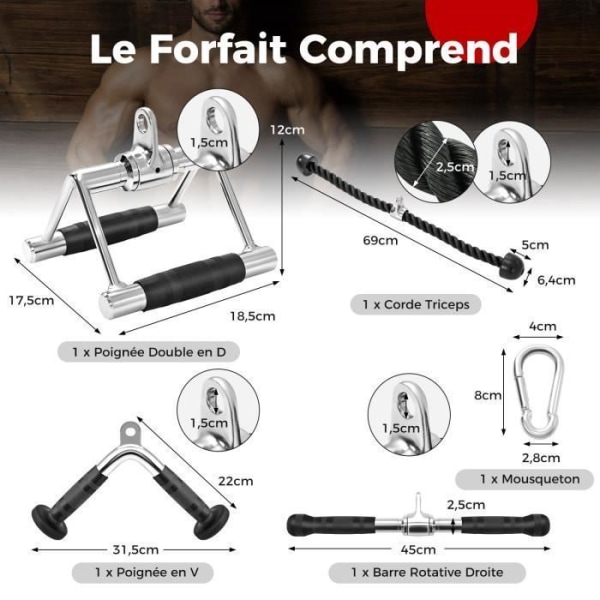 COSTWAY Set med 4 Triceps V Bar, Triceps Rope, V Triceps Press Bar, Double D Handle, Triceps/Biceps Bar