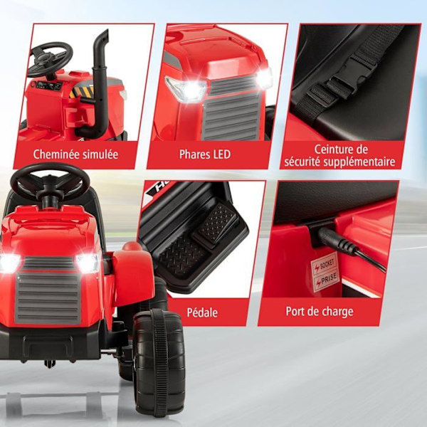 COSTWAY El-traktor 12V 7AH - 2.4G Fjernbetjening, Fjederophæng, LED, Horn, Soft Start, 3 - 8 År, Rød