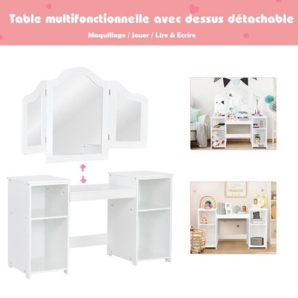 COSTWAY 2-i-1 sminkbord för barn med avtagbar spegel, barnskrivbord med 4 hyllor i prinsessstil för flickor, vit