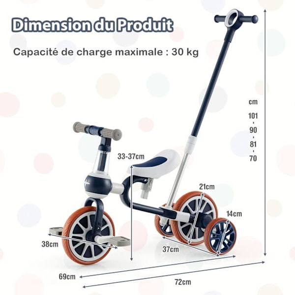 COSTWAY 5-in-1 Evolutionary kolmipyörä putterilla 2-4-vuotiaille lapsille, irrotettava poljin ja takapyörä, säädettävä istuin ja kahva sininen Blått, vitt och orange