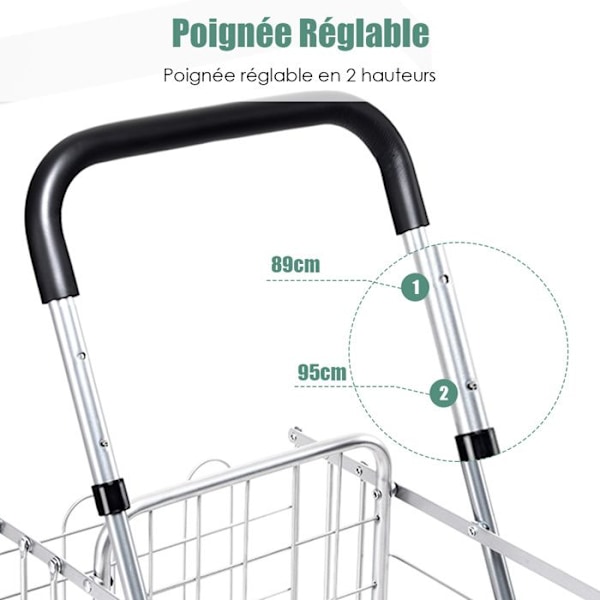 COSTWAY Foldbar markedsvogn - 4 hjul - 2 kurve (48L + 10L), Stål - Maks. belastning: 20 KG - Indkøbsvogn-sølv Pengar