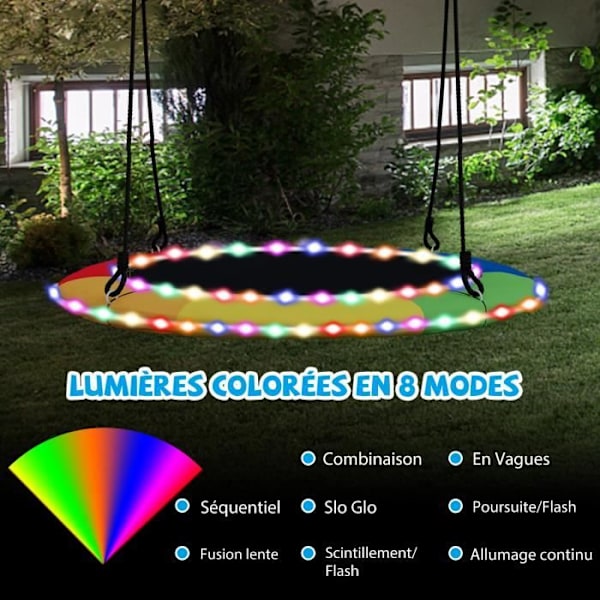 COSTWAY Fuglerede Gyngestol Ø 100CM med Multifarvet LED Lys i 8 Tilstande Justerbar Snor 100-180CM Udendørs Kapacitet 300kg Bal Flerfärgad