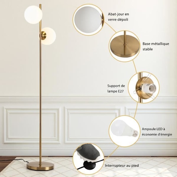 COSTWAY Golvlampa Vardagsrum-2 Globeskärmar i frostat glas med 2*6W LED-lampor-fotströmställare-Guld Post-sovrum,kontor