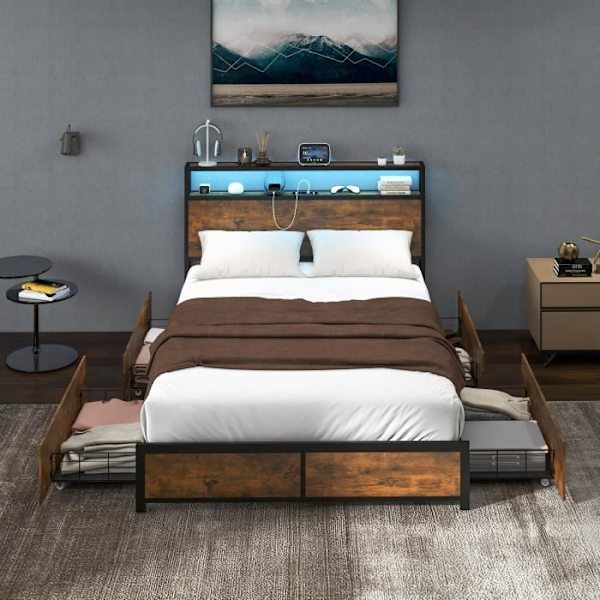 COSTWAY industriell dubbelsäng för vuxna 140x200CM - APP-kontroll, LED-ljus, Bluetooth, eluttag och 4 lådor Flerfärgad