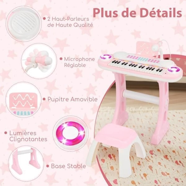 Klaviaturpiano för barn 37 tangenter med pall COSTWAY-4 Slagverkseffekter-8 Instrument-Justerbar mikrofon-Ljusrosa