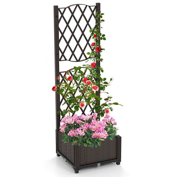 COSTWAY Havekasse med Spalier til Klatreplanter, 40 x 40 x 122 cm, Hævet Havebed med Selvvandingssystem, Brun kastanj