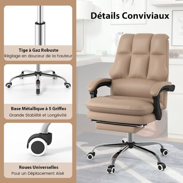 Ergonomisk Kontorsstol - COSTWAY - Justerbar Sits 51-58 cm - Lutad Ryggstöd - Fällbara Armstöd Brun