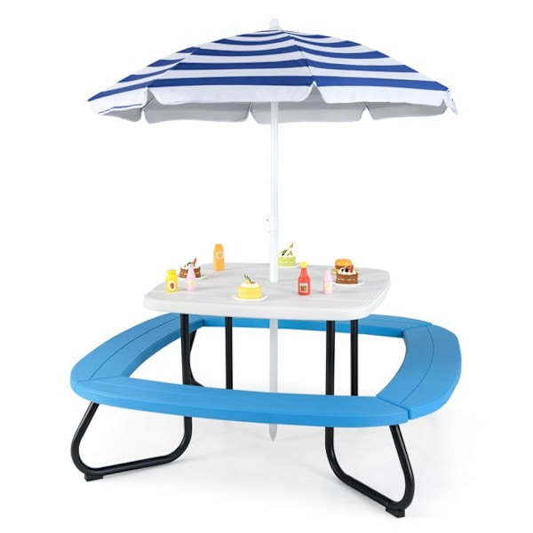 COSTWAY Picknickbord med 4 Bänkar för 8 Barn - Justerbar och Fällbar Parasol - Metallram 125 × 125 × 100-160cm Blå