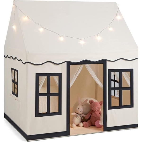 COSTWAY Lektält för barn med Star String Lights, Tvättbar Coral Velvet Matta, 3-4 barn, 121 x 101 x 138 cm Beige och brun