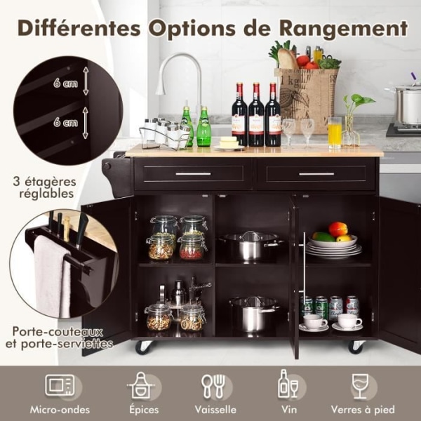 COSTWAY keittiövaunu pyörillä, Kitchen Island veitsenpidikkeellä, pyyheteline, 3 ovea ja 2 laatikkoa, kahvi