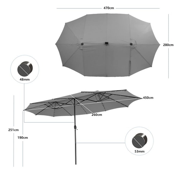 Dobbelt XXL Haveparasol 48 LED - COSTWAY - 470 x 280 x 246 cm - Base og Sandpose - Solpanel - Rektangulær Grå
