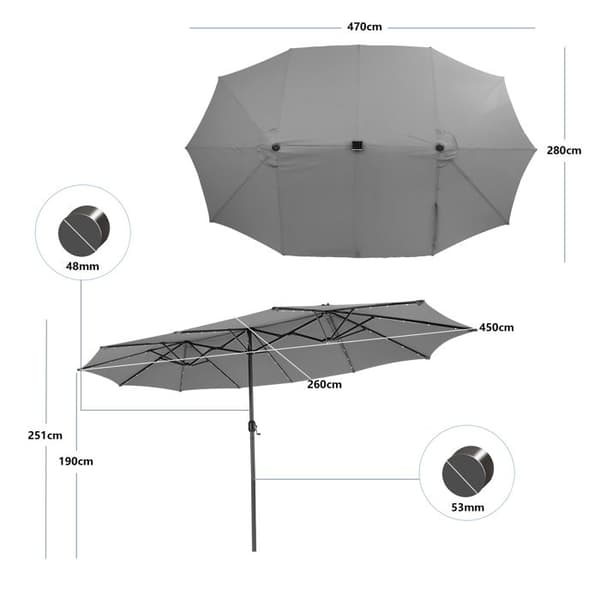 Dubbelsidig Markis XXL 48 LED - COSTWAY - 470 x 280 x 246 cm - Bas och Sandväska - Solpanel - Rektangulär Grå