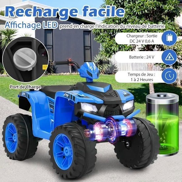 COSTWAY 24V elektrisk fyrhjuling för barn, med LED, musik, radio, mjukstart, för olika terräng, 3 till 8 år, blå