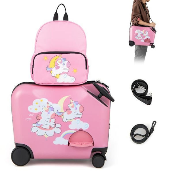 COSTWAY barnväska på hjul 18” med 12” ryggsäck, vattentät skalhjul infällbart handtag, Unicorn, 3 år+, rosa