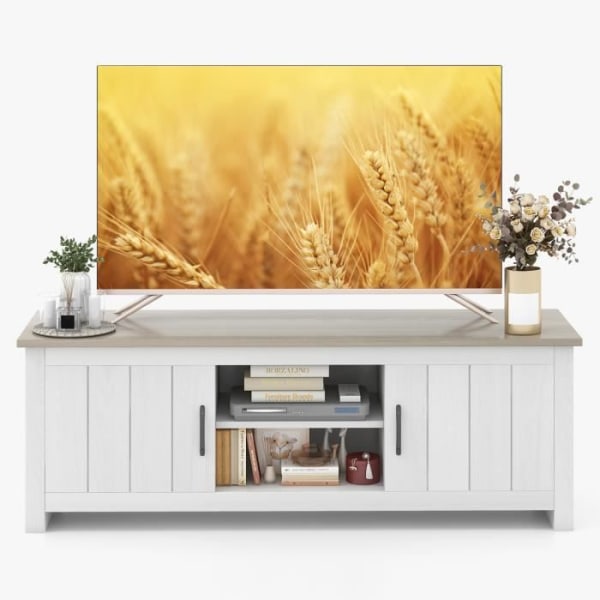 COSTWAY 60" tv-stativ med 4 rum 2 døre 2 kabelstyringshuller, til stue, soveværelse, 145 x 39,5 x 49,5 cm, Grå