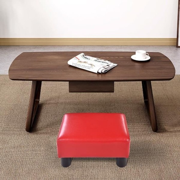 COSTWAY Fotpall med Stabil Ram i Trä, Vattentålig PU-Läder Yta, 40 X 30 X 24 CM, Belastning 150 KG, Vadderad Sittdel, Röd