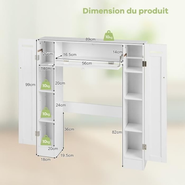 COSTWAY Badeværelsesmøbler WC Opbevaringsskab med justerbare hylder og toiletpapirholder, 89 x 19,5 x 99 cm, Hvid Vit