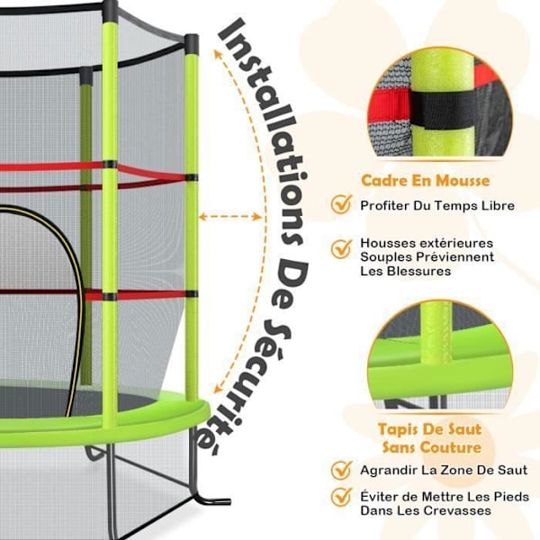 COSTWAY Trampolin til Børn med Sikkerhedsnet Ø165×1,91H CM-Med Lynlås-Inderamme-6 Polstrede Stolper-Last 45 kg-Grøn