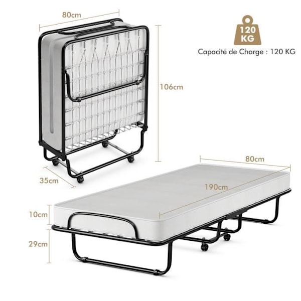 COSTWAY Fällbar Säng 80 x 190 CM med Hjul, Fällsäng med 10 CM Skumgummi Madrass för Kontor/Sjukhus/Camping, Maxvikt 120 kg